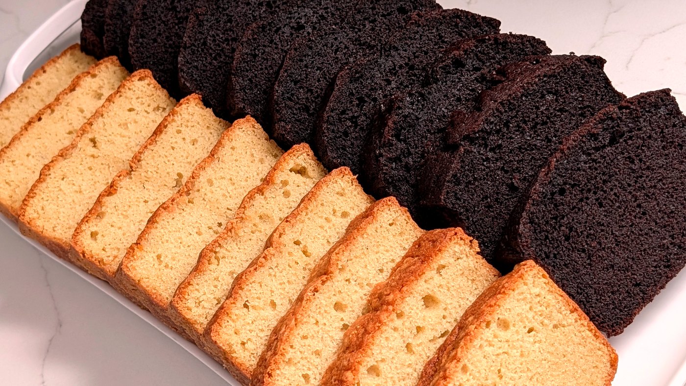 Butter and chocolate pound cake sliced on a serving platter